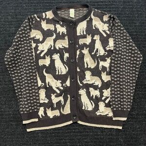 Green 3 Dog Print Cardigan Sweater Brown Recycled Cotton XL Made in USA
